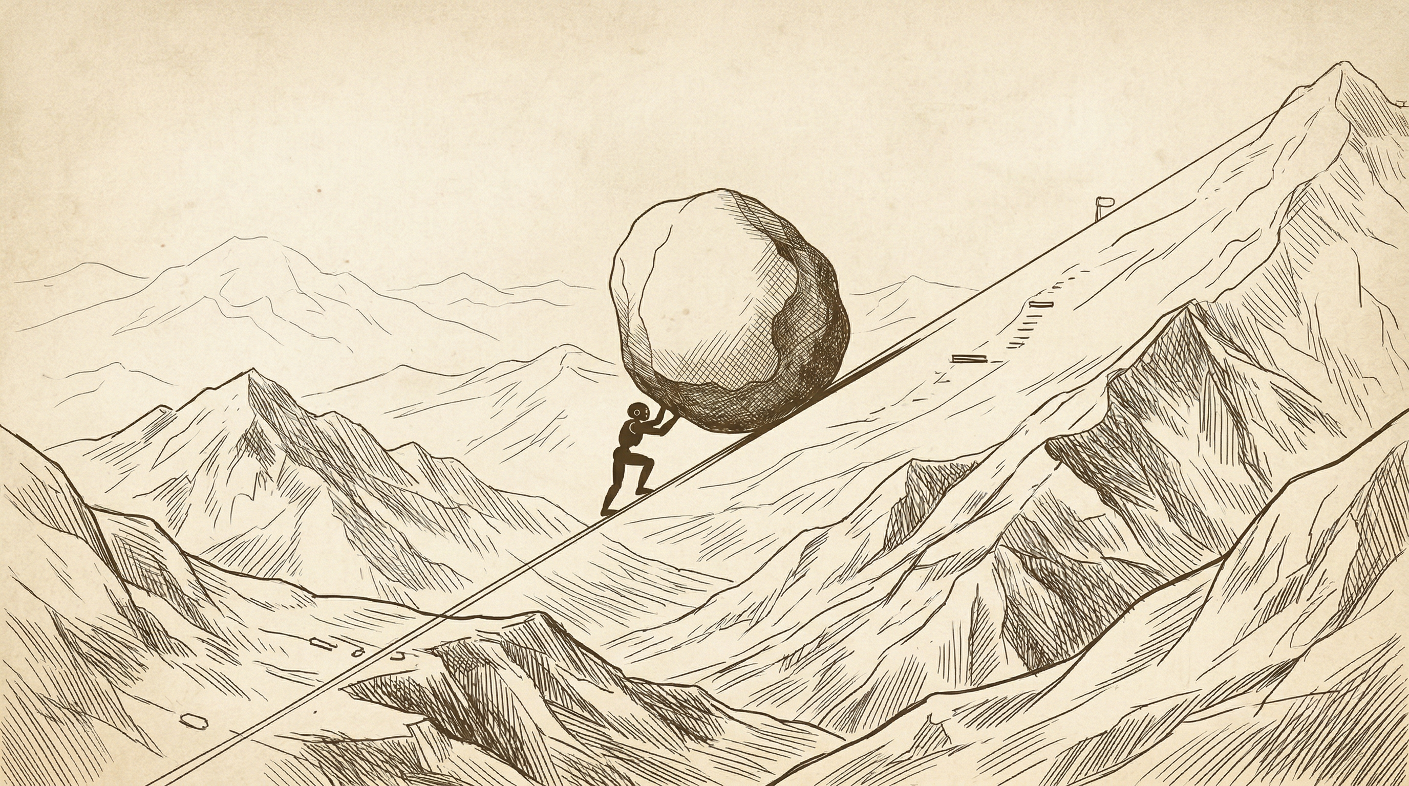 A figure pushing a boulder up a mountain incline — illustration in the style of a classical etching.